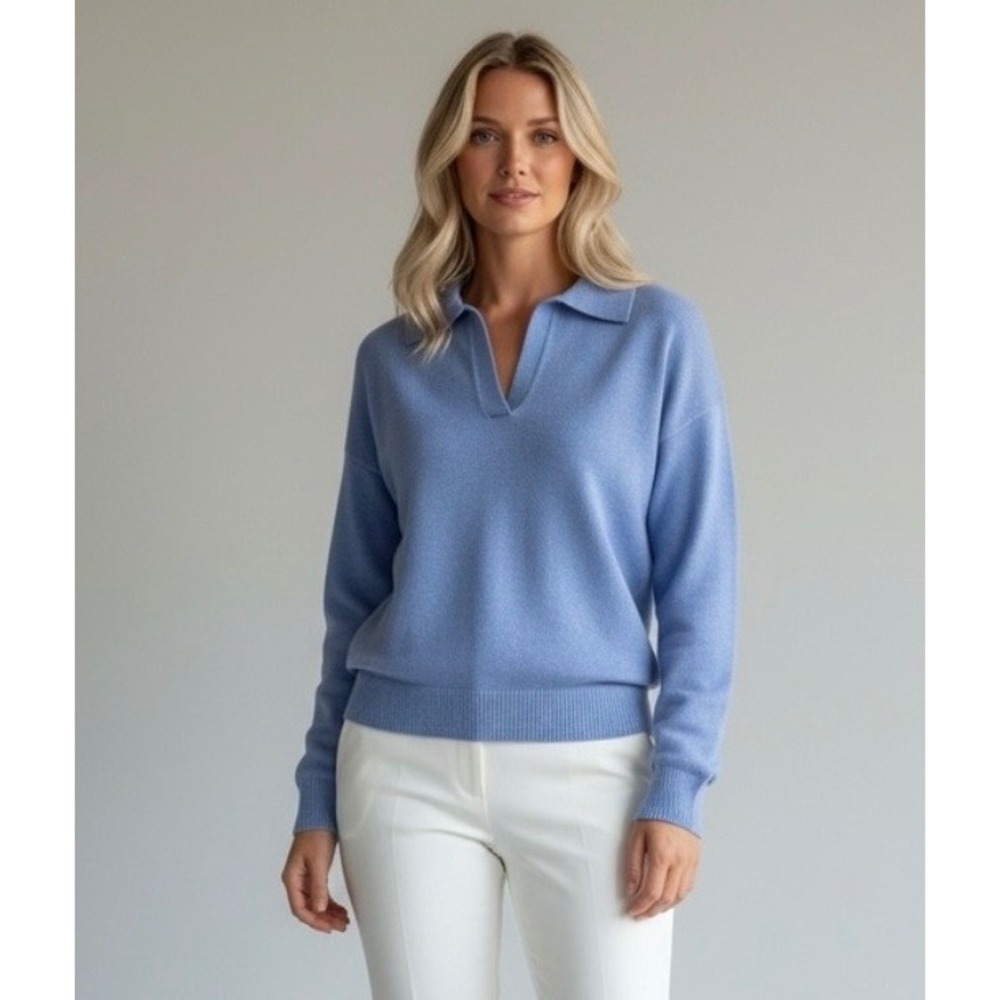 Reitmans Cashmere Blend Large Polo V-Neck Sweater Blue Preppy Knitwear Top